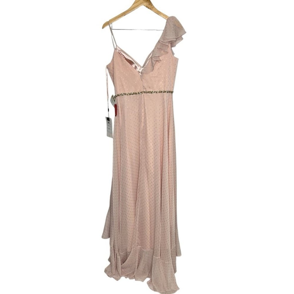 MAC DUGGAL Pink Salmon Polka Dot Asymmetrical Ruffle Formal Maxi Gown Size 8 - Picture 12 of 16